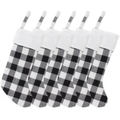 6pcs Plaid Black And White Christmas Knit Stockings 18in