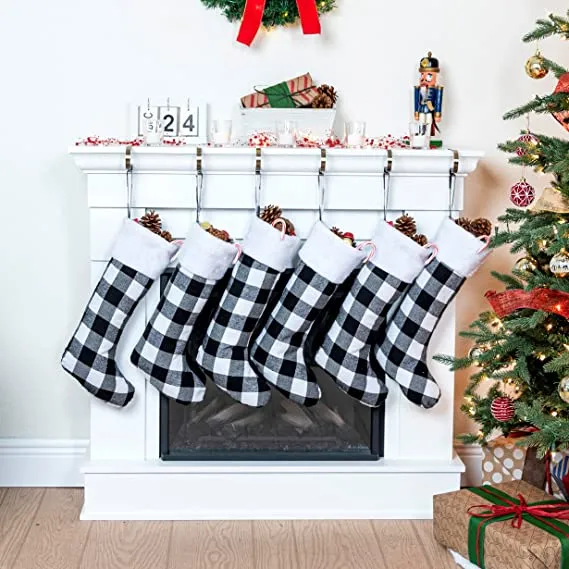 6pcs Plaid Black And White Christmas Knit Stockings 18in 4 6pcs Plaid Black And White Christmas Knit Stockings 18in - Image 2