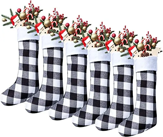 6pcs Plaid Black And White Christmas Knit Stockings 18in 5 6pcs Plaid Black And White Christmas Knit Stockings 18in - Image 3