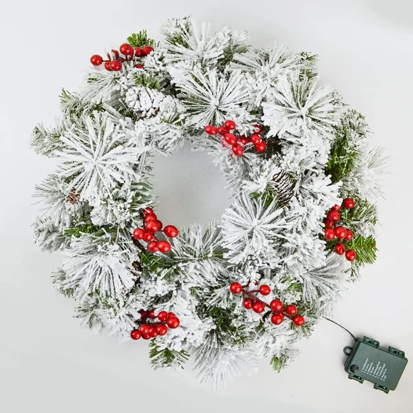 Christmas Wreath Flocked With LED Lights 20in 4 Christmas Wreath Flocked With LED Lights 20in - Image 2