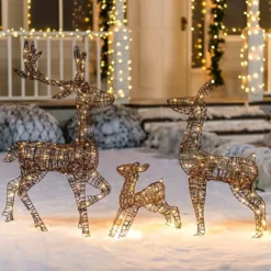 3Pcs Rattan Christmas Reindeer Buck, Doe, And Fawn Yard Lights