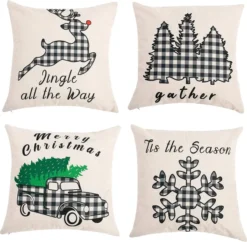 4pcs Black & White Plaid Pillow Cover Christmas