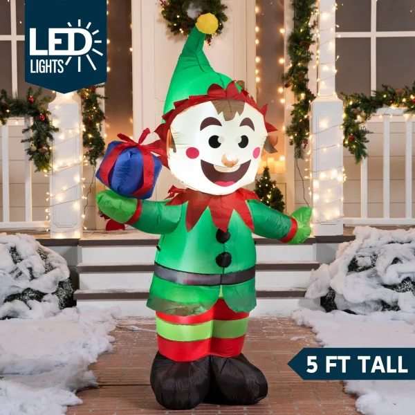 5ft Inflatable LED Elf With Present Decoration 4 5ft Inflatable LED Elf With Present Decoration - Image 2