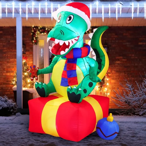 6ft Inflatable LED Christmas Dinosaur Sitting On A Gift 3 6ft Inflatable LED Christmas Dinosaur Sitting On A Gift