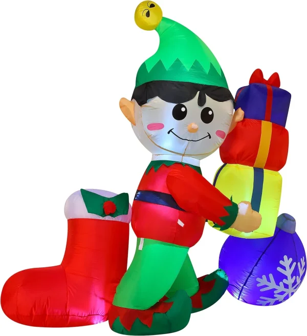 6ft Inflatable LED Elf Holding Gifts Decoration 4 6ft Inflatable LED Elf Holding Gifts Decoration - Image 2