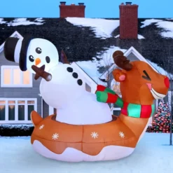 6ft Inflatable LED Snowman On Reindeer Snow Tube
